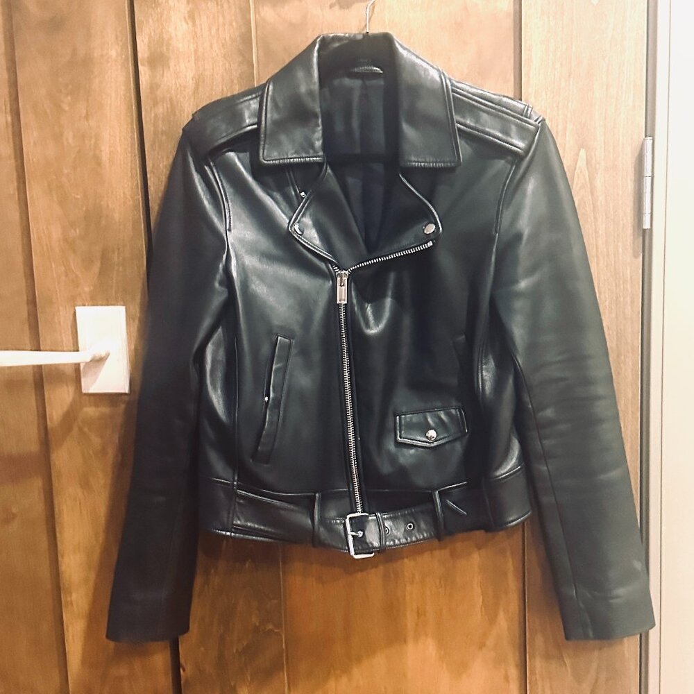 THEORY BLACK LEATHER MOTO BIKER JACKET MEDIUM - Picture 2 of 8